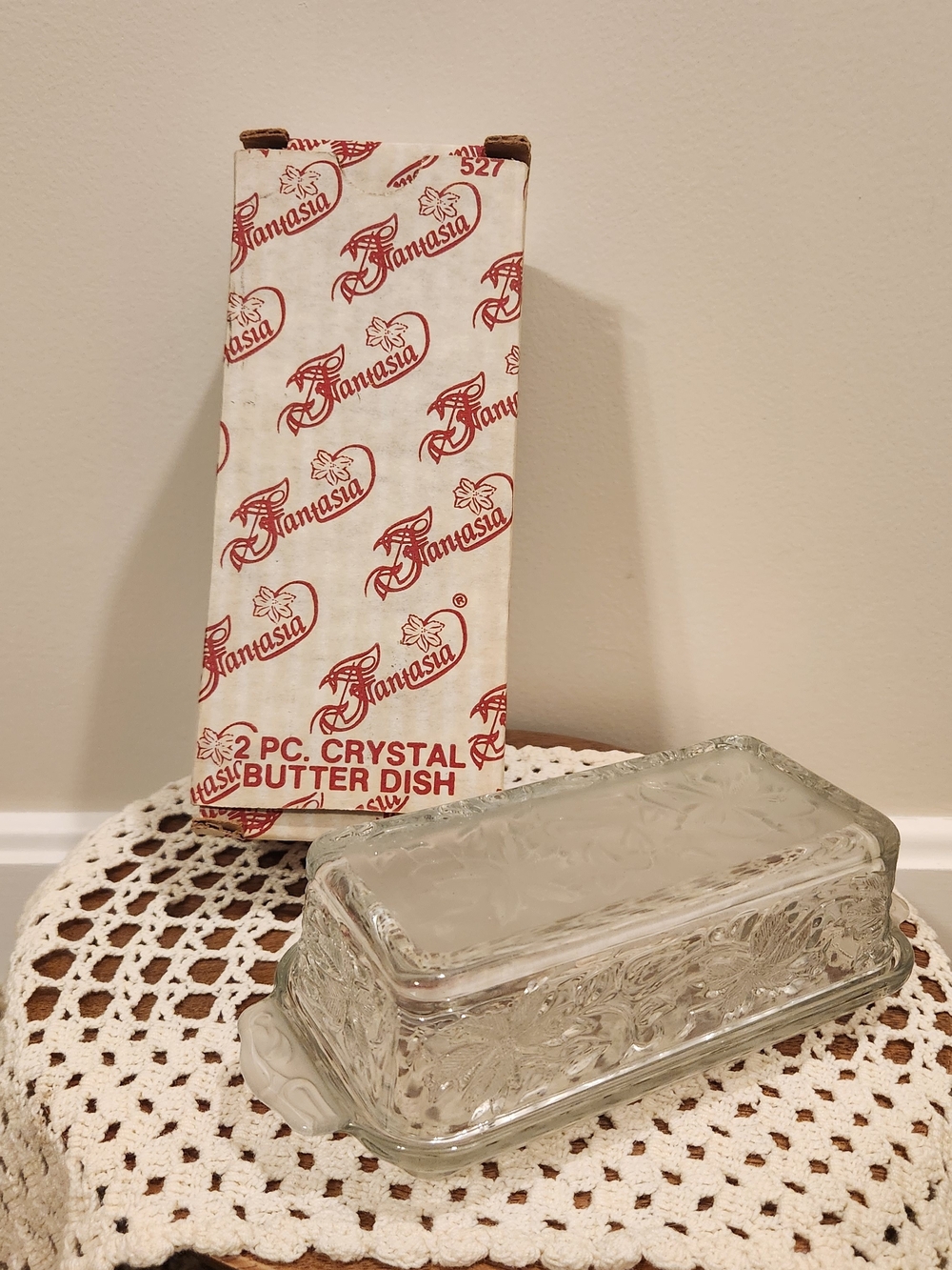 VTG Princess House Fantasia Two Piece Crystal Butter Dish #527 In Original Box